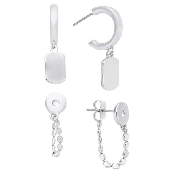 Silver Tone Hoop Drop Earrings (2 Piece Set) Tag Charm Fashion Trendy Chic NWT - Picture 1 of 11